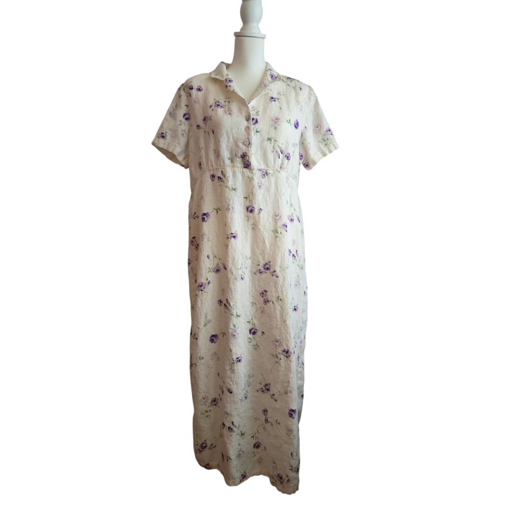 Vintage Cottagecore Linen Floral Maxi Dress 14 Ivory Purple Garden Fairy Retro
